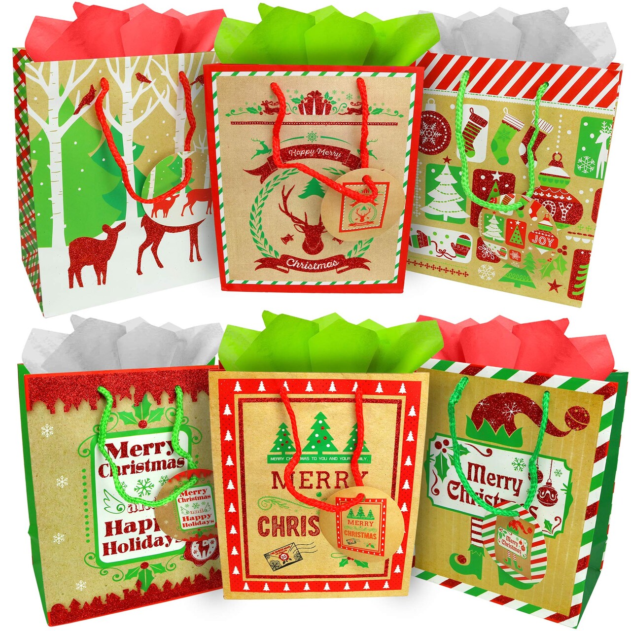 Big Mo's Toys Gift Bags - Holiday Paper Gift And Goody Bag With Christmas Glitter Designs - 6 Pack